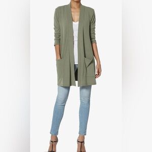 🟠NWT ZENANA Slouchy Pocket 3/4 Sleeve Lightweight Cardigan in Light Olive